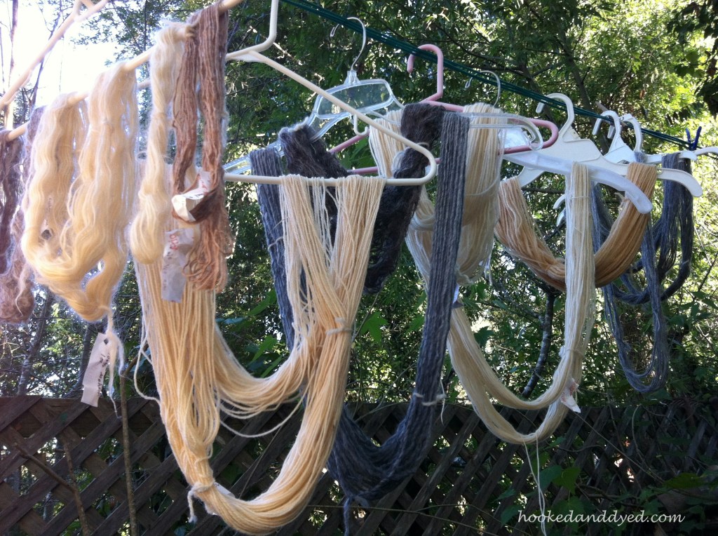 Hanging skeins of undyed yarn